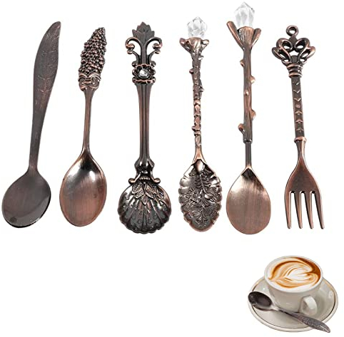 Lot de 6 Couverts Vintage Cuillère à Dessert, Créatives Café Cuillère à Thé Cuillère Fruits en Alliage Zinc Sculpté pour Dessert au Café Cappuccino, Sucre au Sucre et Crème Glacée(Laiton Rouge)