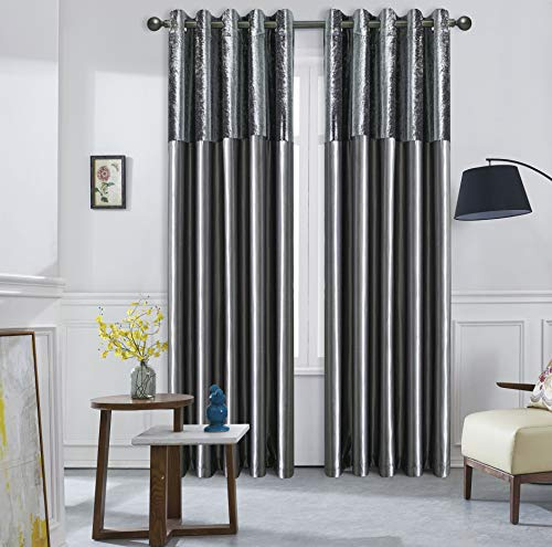 ROOEE Crushed Velvet Faux Silk Curtains - Eyelet Ring Top and Fully Lined (Charcoal Grey, 66 Wide x 90 Drop)