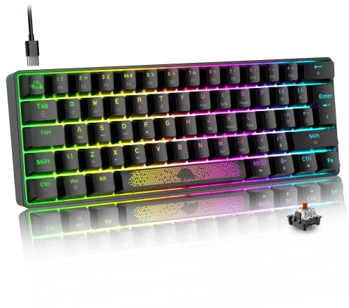 MAGIC-REFINER UK Layout 60% Mechanische Gaming-Tastatur, Brauner Schalter, Mini-62 Tasten, USB C, RGB Hintergrundbeleuchtungseffekte Rainbow LED-Licht, Kompatibel Mit Computer Rechner Win/Mac-Schwarz