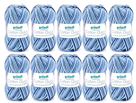 Gründl Wolle Cotton Quick print - dünne Wolle zum Häkeln mit Farbverlauf - Strickgarn - Glänzend und hautfreundlich - 100 % Baumwolle - 10 Knäuel 50 g / 125 m - Nadelstärke 3 - 4 - blau-marine-grau
