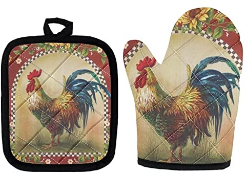 Upetstory Chicken Oven Mitts and Pot Holders Sets Farm Rooster Kitchen Cooking Gloves Square Potholder Comfortable Hot Pad for Outdoor Barbecue Microwave Baking Farmhouse