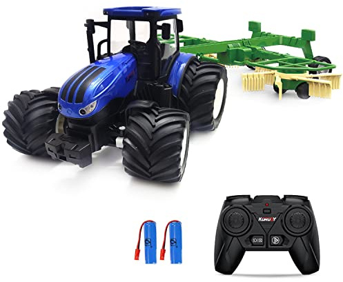 RC Truck Farm Tractor with 2 Rechargeable Batteries - 2.4G 1/24 High Simulation Construction Vehicle with Dual Rotary Swath Windrower，Remote Control Toy with Lights, Hobby Model Toys for Kids 3-6