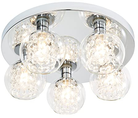 LITECRAFT Seren Ceiling Light Bathroom Flush 5 Arm with Clear Bowl Shades - Polished Chrome