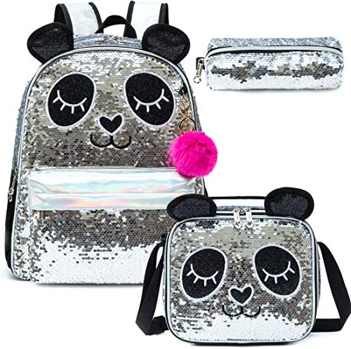 Egchescebo Mochila Escolar Niña Adolescente Colegio Panda de Cuentas Mochilas Infantil Escolares Adolescentes para la Guarderia Viaje Estuche Stitch Regalos Niñas Colegio Bolsito 17” 3pcs Negro Plata