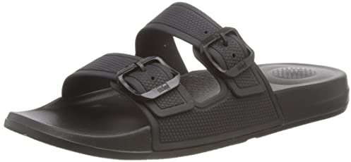 Fitflop Women's IQUSHION Two-BAR Buckle Slides Flat Sandal, All Black, 8 UK
