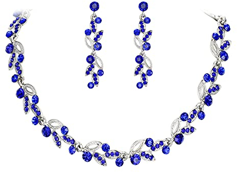 EVER FAITH Hochzeit Schmuck-Set Art Deco ausgehöhltes Marquise Kristall Blatt Cluster Halsketten und Ohrringe Set Blau Silber-Ton