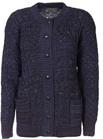Lets Shop Shop Chunky Cable Knit Cardigan for Women Ladies Round Neck Long Sleeve Aran Plus Size 12 14 16 18 20 22 24 (SM, NEP Yarn Navy)