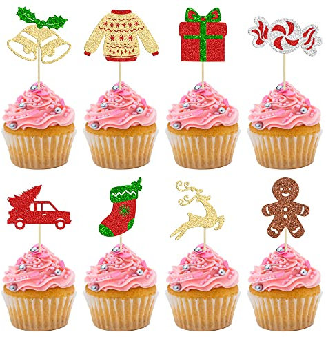 24 Pcs Merry Christmas Cupcake Toppers - Reindeer Cupcake Picks, Candy Bell Sweater Gift Box for Christmas, New Year & Holiday Party Cake Decorations