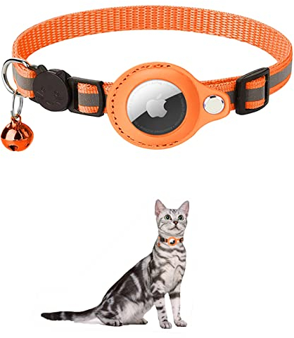 KOCNYDEY Reflektierendes AirTag Katzenhalsband, Anti-Lost Cat Tracker Halsband mit verstellbarem Halter & integrierter Glocke Apple Air Tag Katzenhalsband für Katzen kleine Hunde Welpen (Orange)