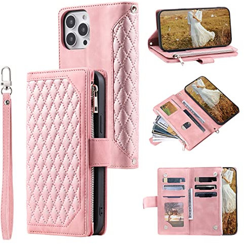 QLTYPRI Wallet Case for iPhone 12/12 Pro(6.1 inch),Luxury Quilted PU Leather Wallet Case with Card Slots for Women,Magnetic Zipper Purse Case with Wrist Strap Kickstand Shockproof Flip Cover-Rose Gold