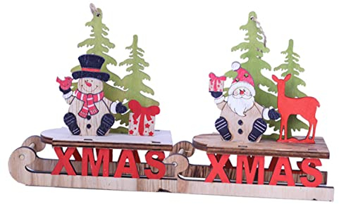 Garneck 2 Stück Retro-Dekor Kamin-Dekor Nordisches Dekor Holzschlitten-Anhänger Holz Antik Schneemänner Weihnachtsmann Weihnachten Tischplatte Holzornament