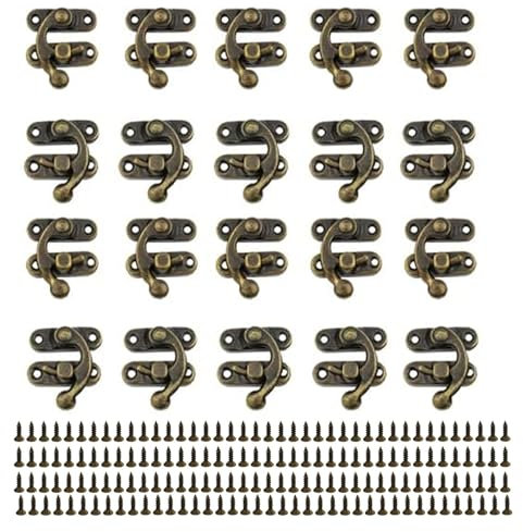 CLKE 20pcs Lotquet Crochet Bronze à Gauche et à Droite, Fermoir Boite en Bois,Verrouillages en Corne à Coffre en Métal,avec 80 Vis,pour Boîte à Bijoux, Boîte à Vin