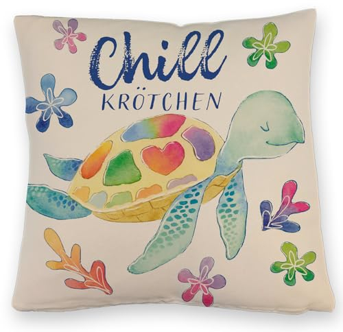 speecheese Schildkröte Kissen mit Leinenoptik mit Spruch Chillkrötchen EIN buntes DekoKissen mit Leinenoptik für die Couch KuschelKissen mit Leinenoptik Chillkrötchen Kinder Bunte Turtle
