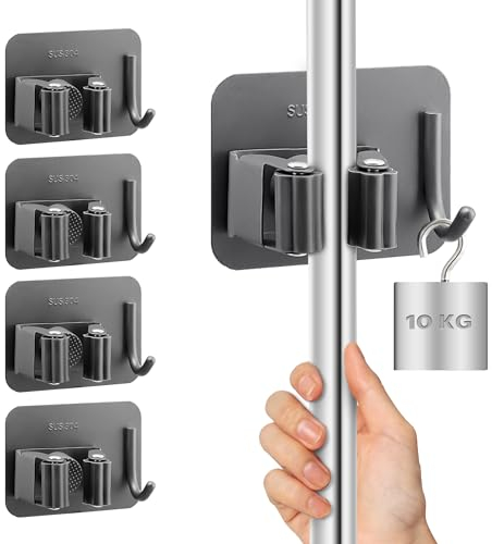 M JINGMEI Mop Holder Wall Mounted, 4 Pcs Stainless Steel Self Adhesive Mop Broom Holder with Hooks Hanger Self-Adhesive Broom Holder for Office,Closet,Garden Garage,Bathroom,Kitchen(Dark Grey)