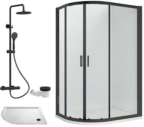 Balterley Offset Quadrant Shower Enclosure, Offset Quadrant Tray, Waste & Thermostatic Shower Kit, 6mm Toughened Safety Glass Door, Bar Handle Sliding Glass Door, Round Showerhead & Handset (Black)