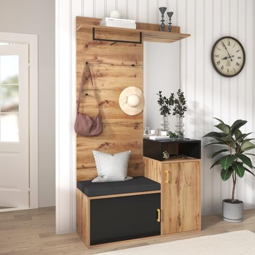 KOMHTOM Buffet à chaussures en grain de bois, armoire de rangement avec crochets, miroir et deux portes, armoire polyvalente pour entrée, couloir, chambre à coucher (C)