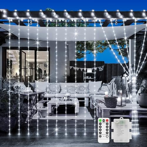 200 LED Curtain Fairy Lights Outdoor Waterproof 2M*2M String Lights Battery Operated with Remote Timer 8 Modes Window Lights for Garden Patio Gazebo Wedding Party Indoor Bedroom Decoration-Cool White
