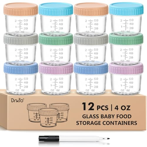 DRKIO Vorratsdosen für Babynahrung aus Glas, 118 ml, mit Deckel, Babynahrungszubereiter, mikrowellengeeignet, spülmaschinenfest, gefriergeeignet, 100% auslaufsicher, BPA-frei, wiederverwendbar, 12