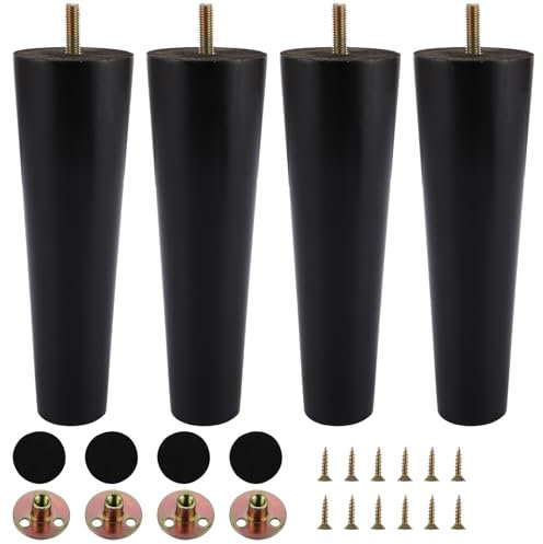 GBACHOOSE 4 Stück Möbelbeine Holz 20cm, Sofa Füße, Schwarz Mit M8 Bolzen, Montageplatte, Gummimatte für Couchtisch, Schrank