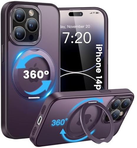 HuwaiH handyhülle für iPhone 14 pro Hülle, [360° Magnetischer Ring Ständer ] [mit Mag-Safe] [Transluzente Matte] Stoßfeste Kratzfeste Schutzhülle für iPhone 14 pro (Dunkel Lila)