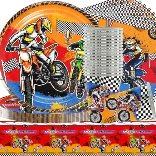 61Pcs Motorcycle Partygeschirr,Kit de Fiesta de Cumpleaños con Tema de Coches de Carreras,Vasos de Cartón Platos Mantel Servilleta de Papel, para Fiestas 20 People