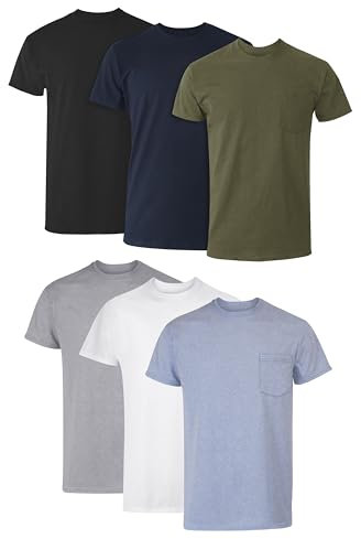 Hanes Herren T-Shirt aus Baumwolle, mit Taschen, feuchtigkeitsableitend, mit Geruchskontrolle, Sortiert, 6er-Pack, Grey Heather, Black, Hiker Green Heather, White, Navy, Blue Heather, L