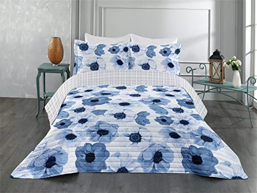 ABAKUHAUS Blumen Wendbares Tagesdecken-Set, Frühlingsinspirierte Blumenblüte, Kissenbezüge und Bettdecken aus Mikrofaser, 223 x 264 cm, Kadett Blau Weiß