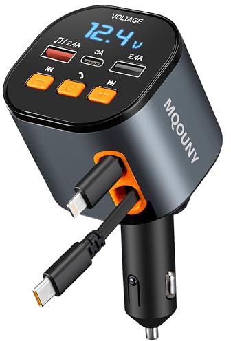 Chargeur de voiture rétractable 5 en 1, chargeur rapide de téléphone 90 W, adaptateur transmetteur FM Bluetooth 5.3, appels mains libres, 2 câbles rétractables et chargeurs USB pour iPhone 15/14/13