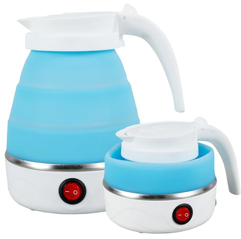 Foldable Electric Kettle, 600ML Mini Travel Kettle, Silicone Camping Kettle, Portable Small Kettle Travel, Collapsible Kettle with Separable Power Cord for Hiking Camping Travel (Blue)