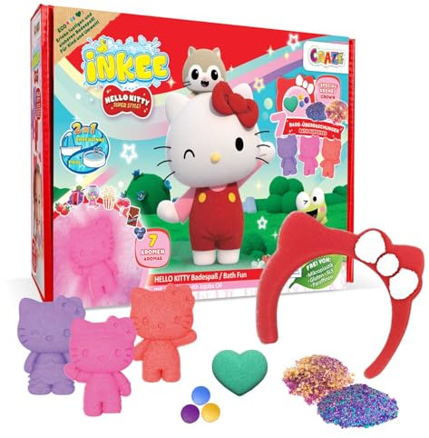 INKEE Hello Kitty Badeset Kinder - 7 Badezusätze Geschenkbox für Mädchen | Wellness Geschenkset mit Badekugeln, Badesalz, Knisterbad und Schwammkrone - Pflegendes Jojobaöl - Dermatest Sehr Gut