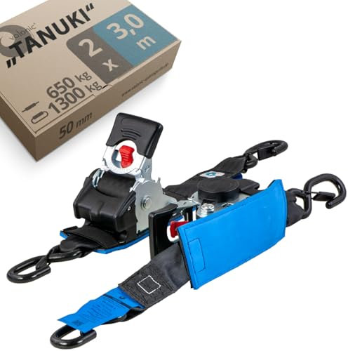 valonic Tanuki - 2X 3m XXL eslingas automáticas con carraca y Gancho, 50mm, 650/1300 Kg, Acolchado, EN-12195-2 - cinchas de Amarre con trinquete, para Sup Board o Moto, Negro