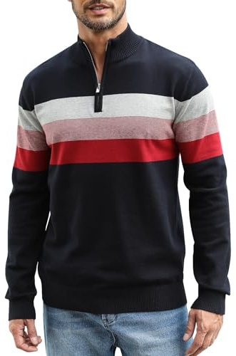 Superora Maglione a Righe da Uomo 100% Cotone Invernale Pullover Manica Lunga Collo Alto con 1/4 Zip
