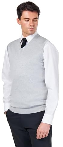 Men’s Knitted 100% Cotton Light-Grey Sleeveless Jumper V-Neck Vest [JUMPER-VEST-543-LIGHT-GREY-2XL]