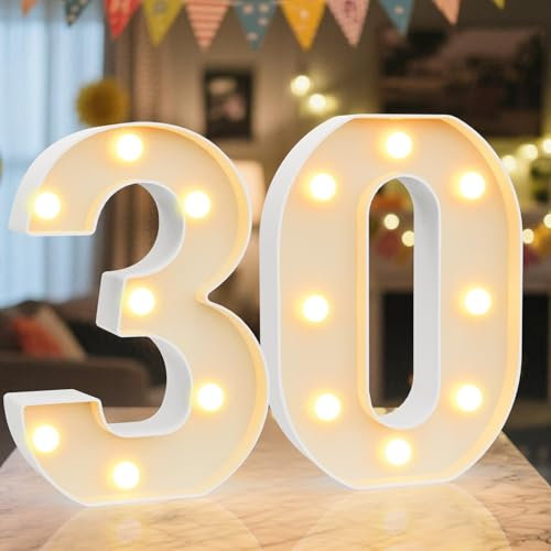 LED Zahlen Lampe Nummer Beleuchtete Ziffern 30,Warmes & Kaltes Weiß Led Leuchtzahlen für Happy Birthday Deko,Party deko,Hochzeitsdeko,Batteriebetriebene,Desktop Wandtischdeko