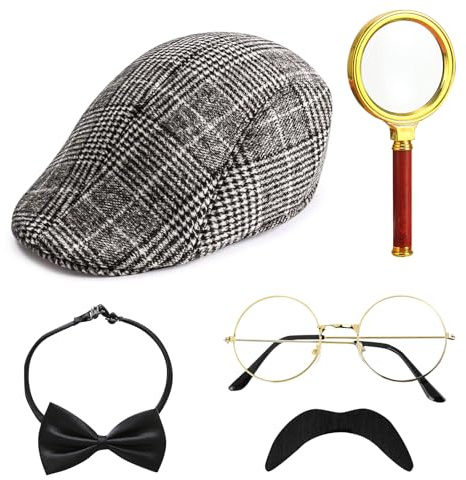 HEAWAA 5 Stück Detektiv Kostüm Zubehör Set, Sherlock Holmes Kostüm Accessoires mit Detektiv Hut Brille Falscher Schnurrbart Lupe Fliege Detektiv Cosplay Requisiten für Fasching Karneval Cosplay Party