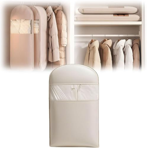 Borsa salvaspazio da appendere con cerniera a compressione, organizer salvaspazio per cappotti in piuma, sacchetti sottovuoto (beige, medio)