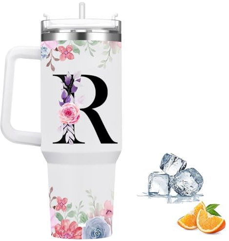 FOLAI Travel Mug,Drink Flasks for Hot & Cold,Stainless Steel Double Wall Vacuum Insulated Coffee Water Bottle, 40oz Tumbler with Straw and Lid Handle,Letter Printed Personalised Gifts(R)