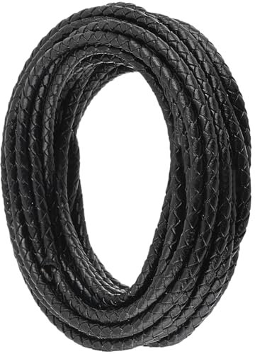 CALFOVERA 5M x 4MM Cordon Tressé Rond en Cuir Véritable pour la Fabrication de Bracelets Noir pour Cravate Bolo Cordon en Cuir Véritable Tissé Cordon en Dentelle Bande de Tressage Pliée