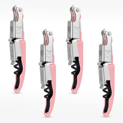 CORKAS Tire Bouchon Professionnel, Couteau de Sommelier, qualité hôtel et Restaurant, Couteau de Serveur avec Décapsuleur et Coupe-Capsule, Ouvre Bouteille en Acier Inoxydable(Rose-4pcs)