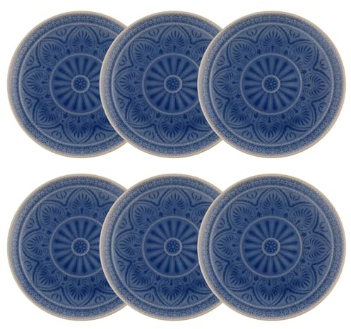 BUTLERS 6er Set Teller Steinzeug - SUMATRA - Spülmaschinenfest | Farbe Blau - ø 21 cm - Kuchenteller für Gebäck & Desserts - Dessertteller für Snacks & Vorspeisen - Reliefdekor