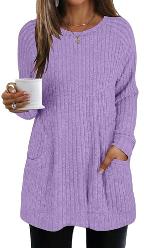 AMDOLE Women's Lightweight Jumpers with Pocket Long Sleeve Tops Casual Round Neck Ladies Curved Hem Tunic Top Long Tops to Wear with Leggings Ladies Lightweight Knit Jumpers Sweater