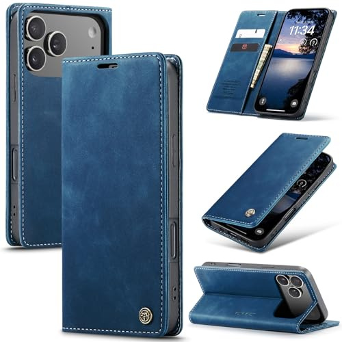 Azororo Handyhülle für iPhone 17 Pro Max 5G Hülle Premium Lederhülle Flip Case Magnet Tascher Kartenfach Standfunktion Klapphülle Schutzhülle für iPhone 17 Pro Max, Blau