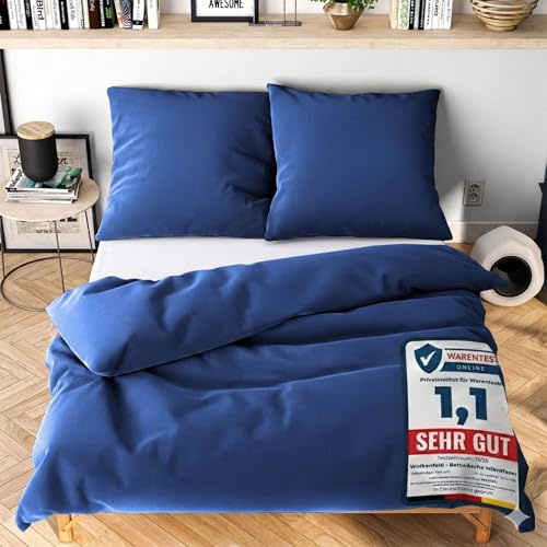 Wolkenfeld Bettwäsche 220x240 cm 3teilig – Marine Blau - kuschlig weich & bügelfrei – ÖKO-TEX Zertifiziert – Mikrofaser Bettwäsche-Sets 1x Bettbezug 240x240 + 2X Kissenbezug 80x80