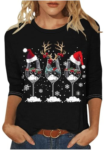 Keepink Plus Size Xmas Jumpers for Women UK Christmas Tree Print T-Shirt Ladies 3/4 Sleeve Round Neck Casual Tops Novelty Funny Sweater Festive Holiday Blouse for Christmas Market Outings