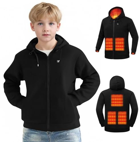 Beheizbare Kapuzenpullover Kinder, Beheizbarer Hoodie für Jungen Mädchen mit 5 Heizzonen Beheizbare Sweatjacke USB Elektrische Sweatshirt 3 Einstellbare Temperatur Beheizter Pullover Winterjacke
