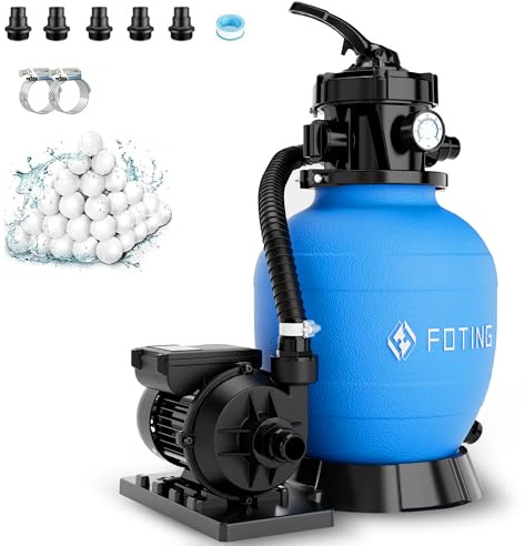 FOTING Sandfilteranlage Pool 9.000 L/h | Filteranlage 7-Wege-Ventil mit Druckanzeige | Poolfilteranlage inkl. 200g Filterbälle & 2in1 Adapter Ø32mm-38mm