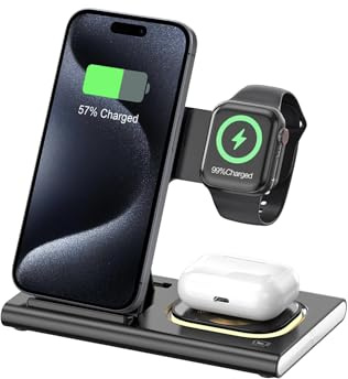 Wireless Charging Station for Apple Devices: 3 in 1 Foldable Charger Stand for iPhone 16e 16 15 14 13 12 11 Pro Max for Apple Watch Series 10 9 8 7 6 5 4 3 2 SE and Ultra for Airpods 4 3 2 Pro Bedside
