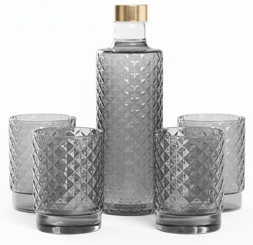 Zafferano Isolano 4er Trinkgläser Set mit einer Flasche (ca. 1L), 450 ml Bunte Wassergläser, Stapelbar, Spülmaschinenfest, Farbe Grau