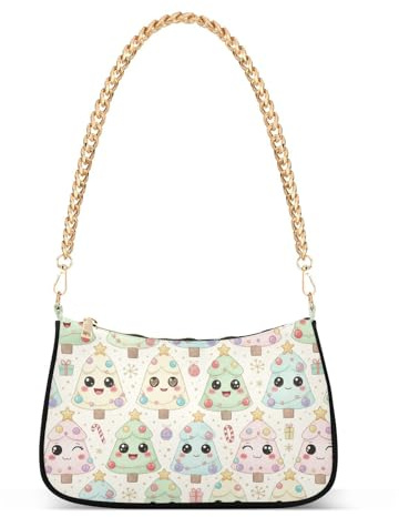 Damen-Handtasche, Weihnachtsmotiv, cremefarben, pastellfarben, Cartoon-Bäume, trendige Kette, Umhängetasche, Handtaschen