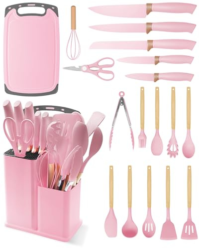 Küchenmesser Set 19-teilig – Küchenutensilien Set mit 5 Messer und 12 Silikon Küchenutensilien, Schneidebrett und Halter, Lebensmittelecht (Pink)